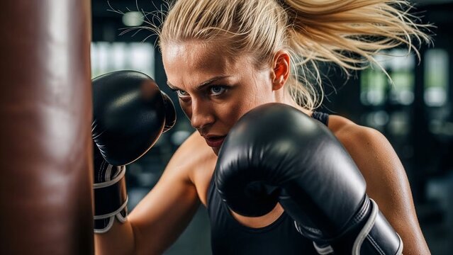 Young woman practicing boxing with focus and determination indoors -
