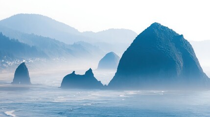 Misty coastal sea stacks and mountains on a foggy day