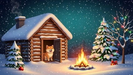 Cute shiba inu dog sitting in the doorway of a snowy log cabin during a magical winter night with a bonfire and decorated tree