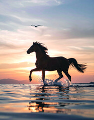Horses galloping along the coast in the beautiful morning sun　朝日が美しい海岸を疾走する馬