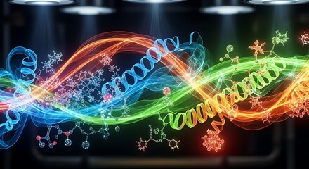 Dynamic vibrant DNA helix structures flowing with energy, showcasing modern science and technology breakthroughs for impactful presentations and innovation