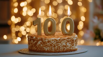 Birthday cake with number 100 candles. Anniversary celebration concept. Milestone party dessert for special event or adult birthday.