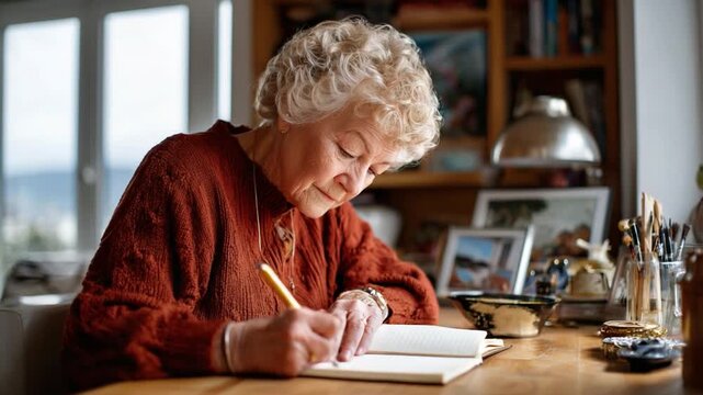 Penning Memories: An elderly woman, illuminated by soft light, engrossed in the act of journaling, capturing thoughts and moments on paper.