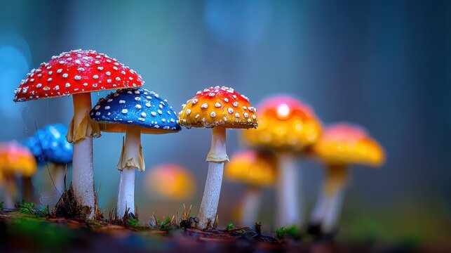 Mystical Mushroom Cluster: A cluster of vibrantly colored mushrooms bursts forth from the forest floor, each a unique work of art with its own pattern and hue.