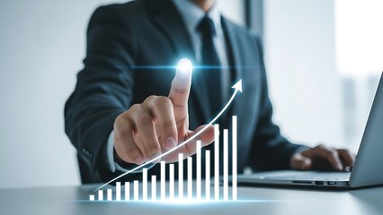 Businessman in Formal Suit Showing Growing Graph with Digital Effect in Office