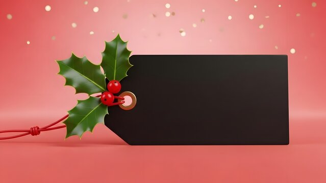 Blank black tag with holly berries on festive red background - Powered by Adobe