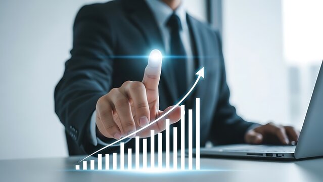 Businessman in Formal Suit Showing Growing Graph with Digital Effect in Office