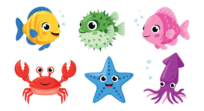 A delightful collection of cute and colorful cartoon sea animals, featuring fish, a pufferfish, crab, starfish, and squid with friendly expressions.