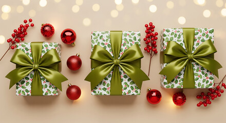 Three festive Christmas gifts with green bows and holly pattern sit on a beige surface surrounded by red berries and ornaments, creating a warm, celebratory scene