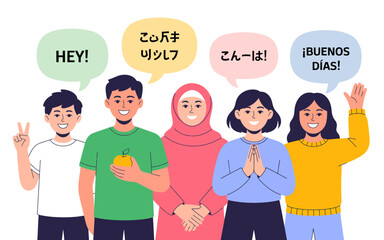 A diverse group of individuals sharing greetings in different languages, expressing inclusivity and cultural connection through joyful interactions and smiles. © ddchuan