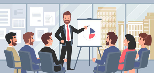 A confident presenter showcases a pie chart in a modern office during a business meeting, reflecting teamwork, professionalism, and effective communication in corporate settings.