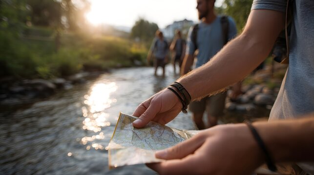 Hands hold a map while hikers cross a shallow stream at golden hour