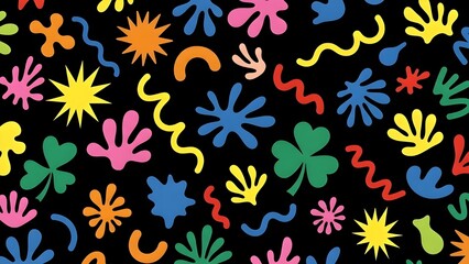 Colorful abstract shapes on black background playful and vibrant design