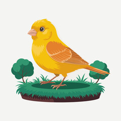 An adorable and cheerful cartoon illustration of a yellow canary bird, perfectly perched on grass, bringing joy and playfulness to any design or project.