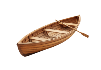 Traditional wooden rowboat with single oar and bench seats inside, isolated on a transparent background