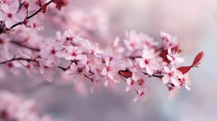 Obraz premium Pink cherry blossom flowers blooming on a branch in springtime. Beautiful fresh natural floral background for Easter or Mothers Day.