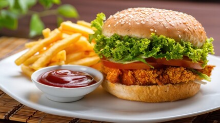 Crispy chicken burger with fresh lettuce, tomato, and sesame bun, served with golden french fries and ketchup on white plate. Fast food meal for restaurant menu or advertisement.