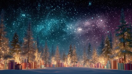Obraz premium Winter forest with glowing Christmas trees and gifts under a starry night sky. Holiday celebration and festive season concept.