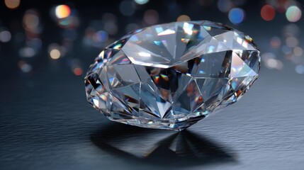 Close up of a brilliant cut diamond on a dark textured surface with bokeh lights. Luxury jewel for engagement, jewelry, and investment concept.
