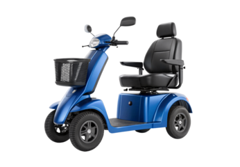 Blue four-wheel mobility scooter with front basket and padded seat, isolated on a transparent background