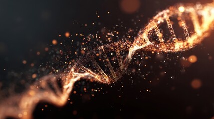Abstract glowing DNA structure forming from particles. Genetic information concept for science, medicine, biotechnology, and research.