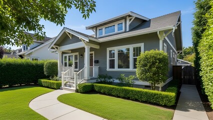 Charming craftsman style home with landscaped yard and pathway