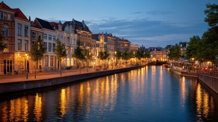 Naklejka premium European city canal at twilight with illuminated buildings and reflections. Charming urban landscape with historic architecture and water. Travel content.
