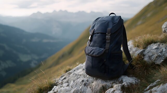A dark hiking backpack rests on a rocky mountain ledge with a scenic view of vast peaks in the distance embodying adventure