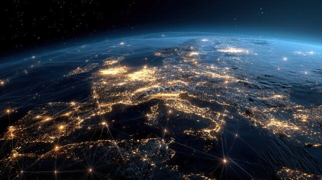 Earth with illuminated city lights and network connections. Global communication and internet digitalization concept. Worldwide data exchange.