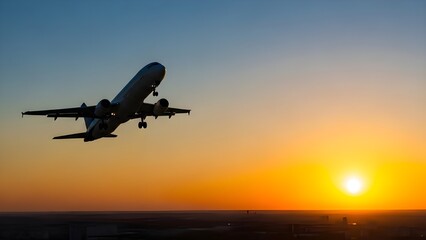 Naklejka premium Airplane taking off at sunset with orange and blue sky silhouette