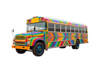 Colorful rainbow striped psychedelic bus with vibrant geometric patterns painted exterior, isolated on a transparent background
