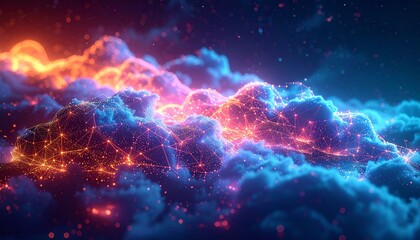 Colorful sky with dramatic clouds and digital network overlay symbolizing cloud computing and fusion of nature and technology