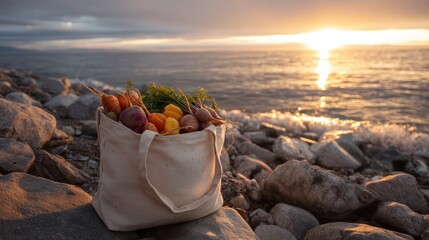 Reusable canvas bag filled with fresh, organic vegetables on a rocky beach at sunset. Healthy eating, sustainability, and nature concept.