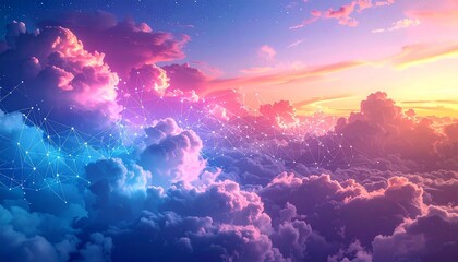 Colorful sky with dramatic clouds and digital network overlay symbolizing cloud computing and fusion of nature and technology