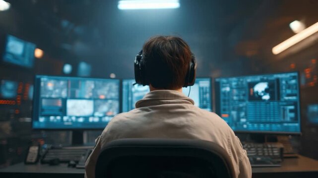 Focused individual wearing headphones in front of multiple computer screens displaying data and information in a modern workspace 4k video footage