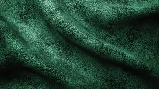 Dark green velvet fabric or suede texture with elegant folds and soft shadows. Luxury textile material for background or decorative design.