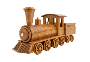 Wooden toy train engine with tall smokestack and cowcatcher front design, isolated on a transparent background