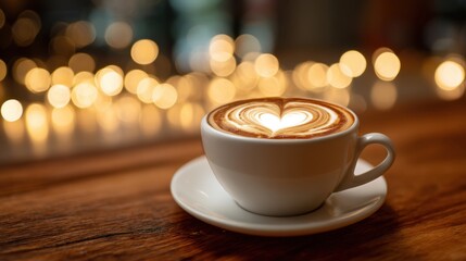 White cup of hot coffee with latte art heart design on a rustic wooden table. Cafe drink, love concept for Valentine’s Day morning.