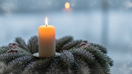 Burning candle on frosted evergreen wreath in cold outdoor weather – winter warmth concept
