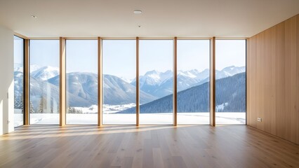 Fototapeta premium Modern minimalist interior room with large floortoceiling window showcasing a stunning panoramic view of snowcovered mountain range in winter
