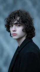 A thoughtful young individual with curly hair gazes intently, dressed in dark attire, against a soft, blurred background.