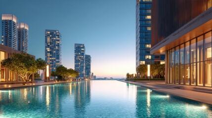 Luxurious infinity swimming pool with modern skyscraper buildings at sunset. Cityscape background. Resort architecture and urban lifestyle concept.