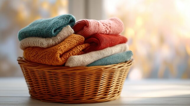 Stack of colorful folded knitwear in a wicker basket on a wooden table. Warm clothes for cozy autumn and winter season concept.