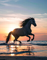 Horses galloping along the coast in the beautiful morning sun　朝日が美しい海岸を疾走する馬