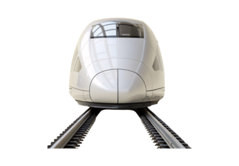 Modern white high-speed bullet train on railway tracks, isolated on a transparent background