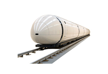 Futuristic white pod train on tracks, isolated on a transparent background