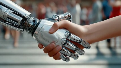 Digital Alliance: A symbolic handshake between a human and a robot, embodying collaboration in an era of technological evolution. Reflecting future and innovation