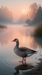 A serene scene featuring a goose standing by a misty lake at sunrise, with gentle ripples in the water and lush vegetation in the background.