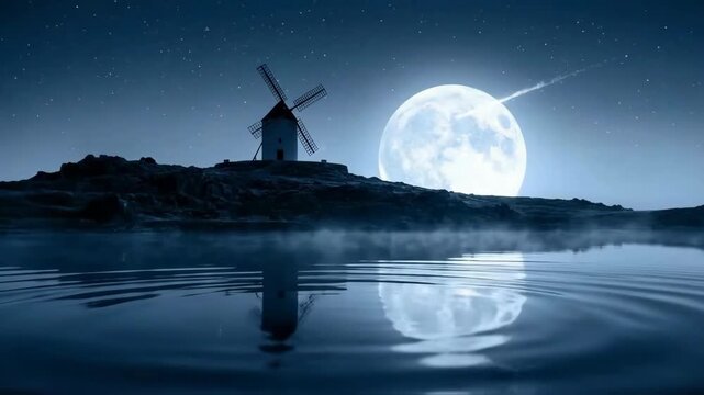 Moonlit Windmill and Starry Skies, Reflected Ripples Under a Celestial Glow on a Nightscape