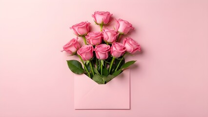 Pink roses in envelope on pink background romantic floral arrangement for special occasions